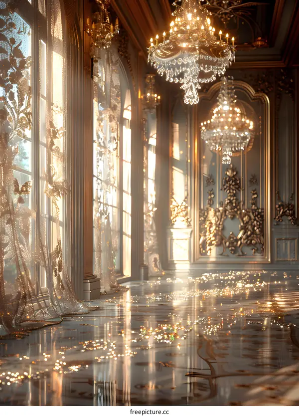 Ornate golden ballroom with crystal chandeliers