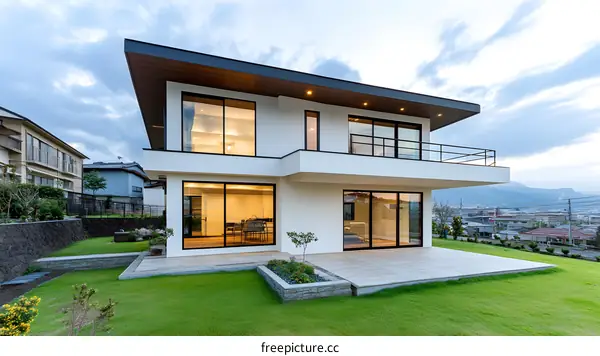 Modern White House with Large Windows and a Green Lawn