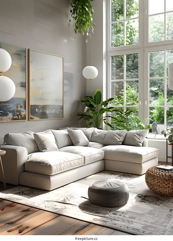 A sectional sofa in a living room with a large window