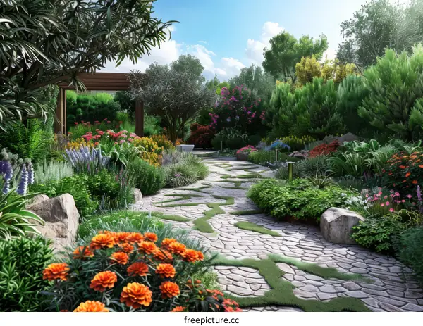 A Winding Garden Path Surrounded by Vibrant Blooms