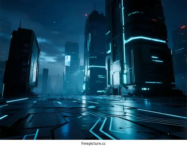 Futuristic Urban Night Scene with Illuminated Skyscrapers and Glowing Pathways