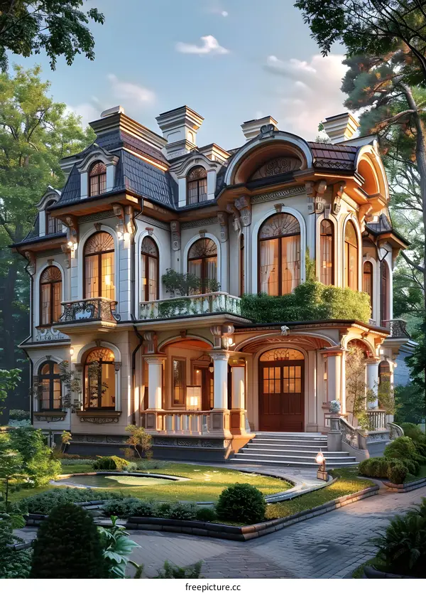 Luxury Classic House with Large Windows and Stone Facade