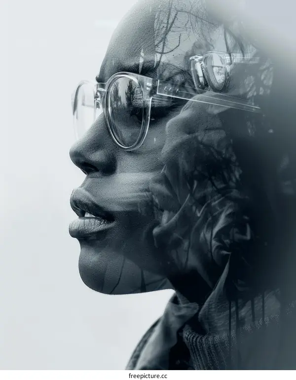 Black and White Portrait of a Woman with Glasses and a Double Exposure of a Forest