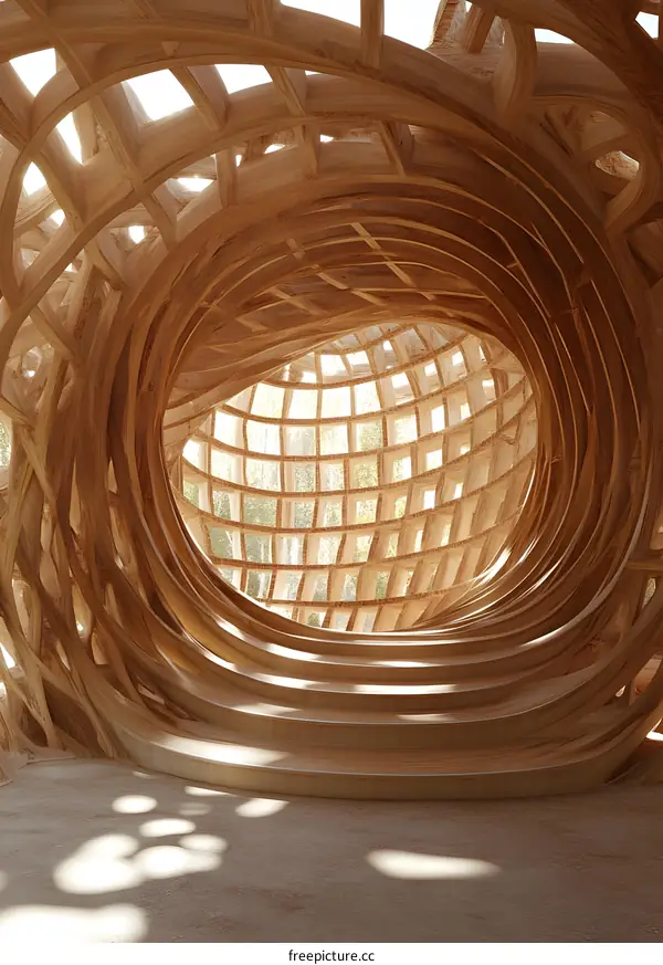Curved Wooden Structure With Sunbeams Shining Through