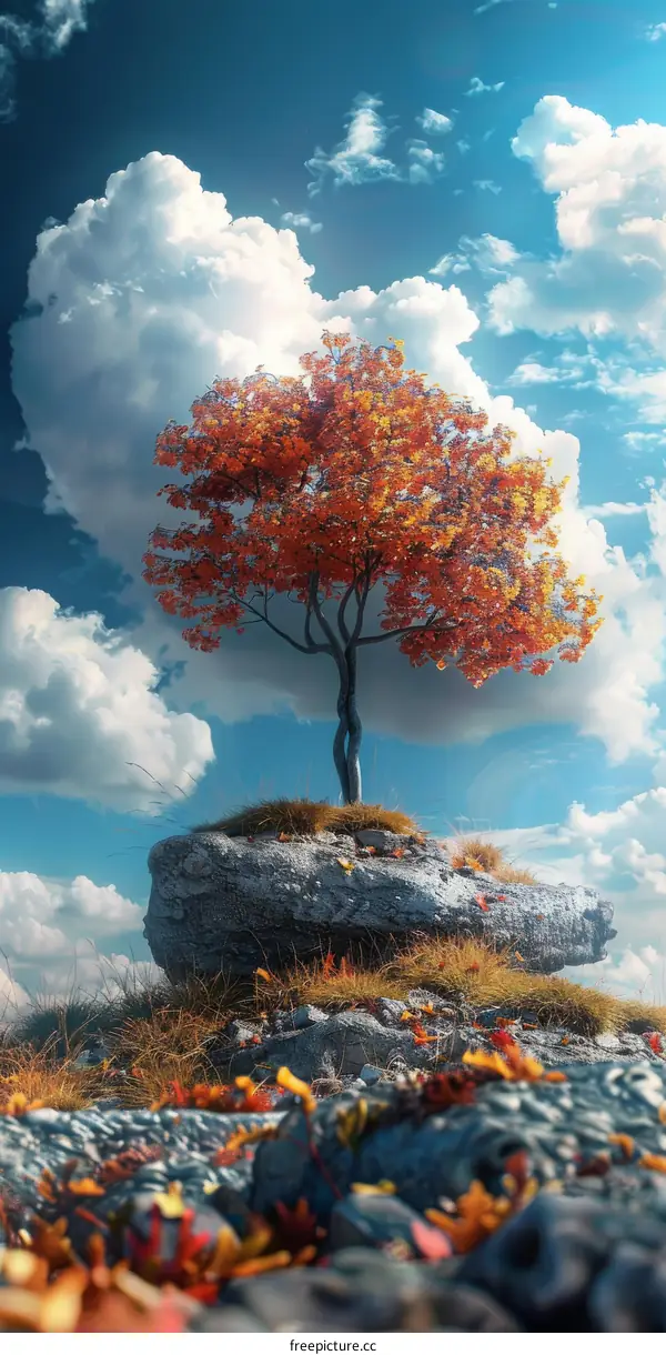 Autumn Tree on a Rocky Hill Under a Cloudy Sky