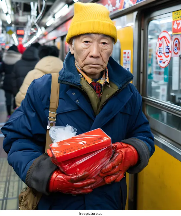 Elderly Asian Man in Red Gloves Holding Gift Box on Subway Platform