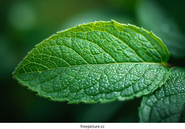 A close-up image of a green leaf with water droplets on its surface