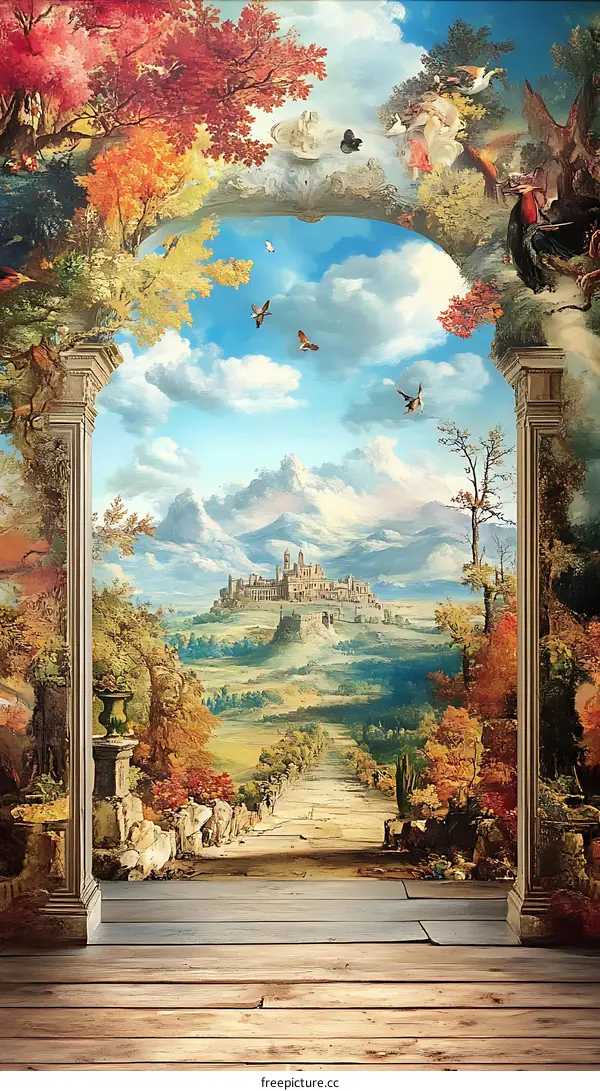 Painting Of A Castle In A Forest With Birds