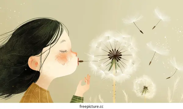 A Girl Blowing Dandelion Seeds in the Wind
