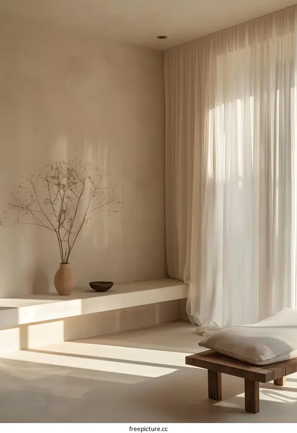 Minimalist Interior Design with White Curtains and Wooden Stool