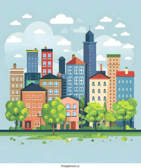 Cityscape with Colorful Buildings, Green Trees and Blue Sky