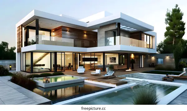 Modern Luxury Villa With Swimming Pool And Backyard