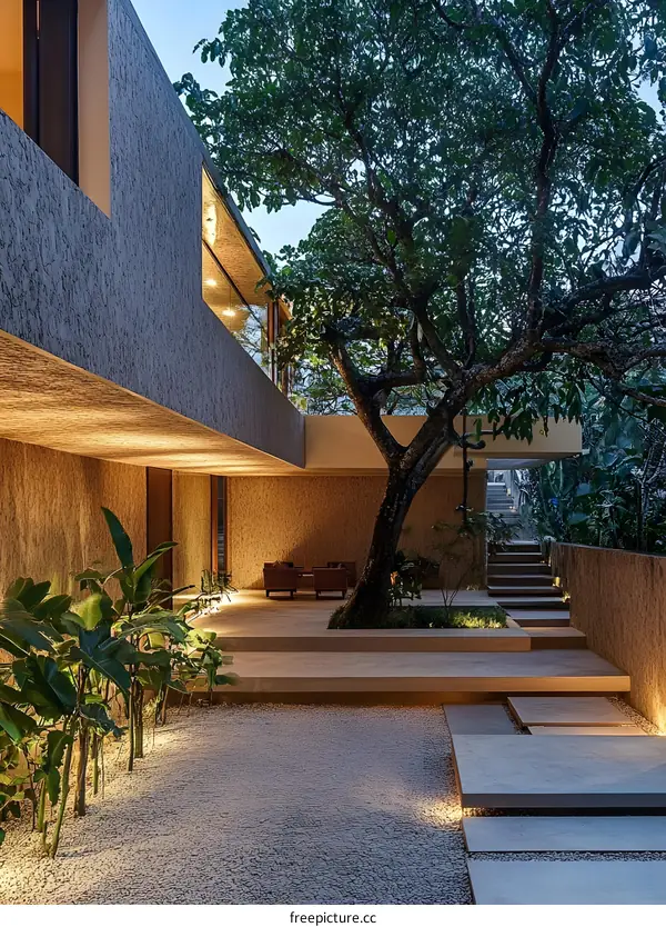 Modern House Courtyard with Tree and Stone Path