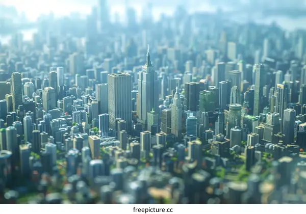 Futuristic miniature city with skyscrapers and flowing river