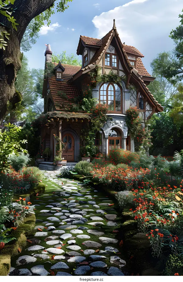 Stone Path Leading to a Cottage in the Woods