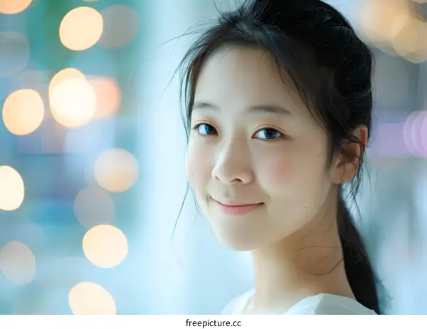 Smiling Girl with Blue Eyes Against Bokeh Background