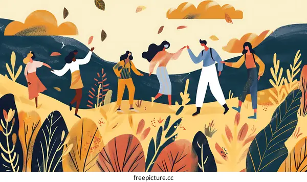 Group of Friends Walking in Autumn Leaves