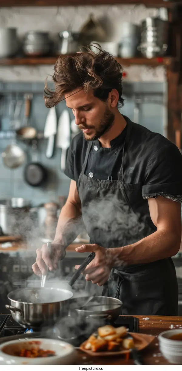 Young male chef is cooking in the kitchen