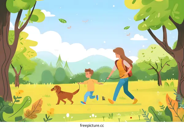 Happy Family Walking Dog in Park Illustration