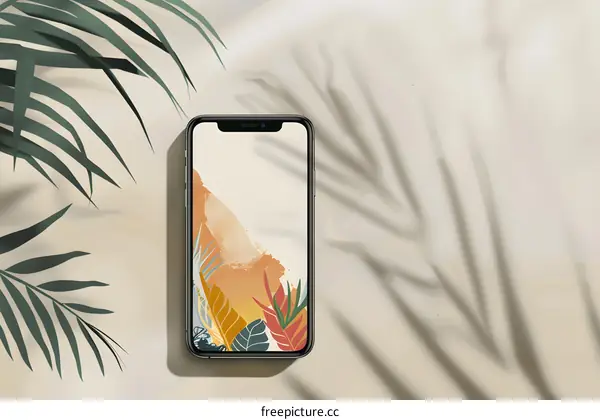 Minimalist Mobile Phone Mockup with Palm Leaves