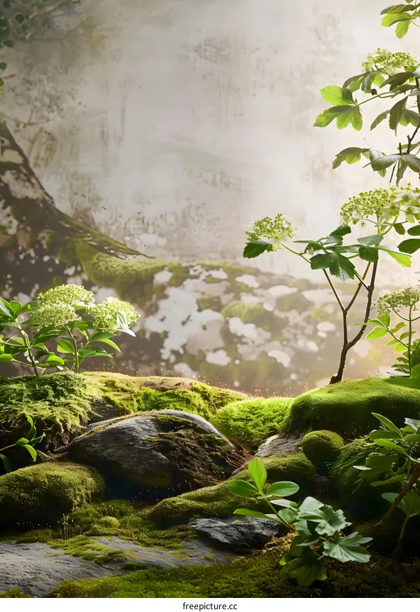 Green Mossy Rocks with Small Plants and Flowers in a Tranquil Forest Setting