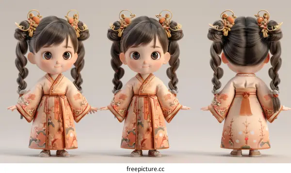 3D illustration of a cute girl in a traditional Chinese dress