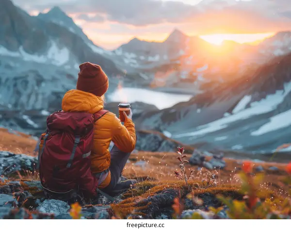 A woman sits on a mountaintop and enjoys the view