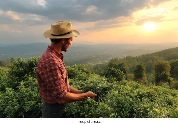 Man Harvesting Tea Leaves at Sunset Overlooking Valley