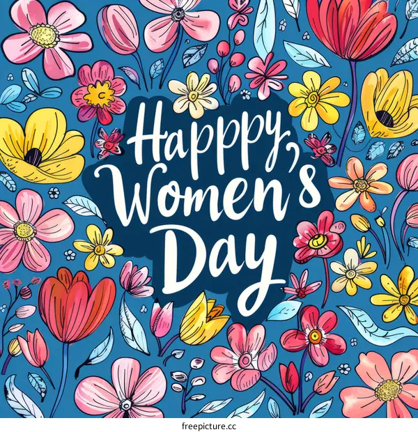 Happy Women's Day greeting card with hand drawn flowers and lettering