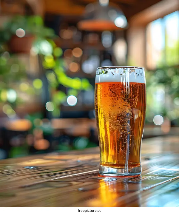 A close-up image of a glass of beer on a wooden table with a blurred background