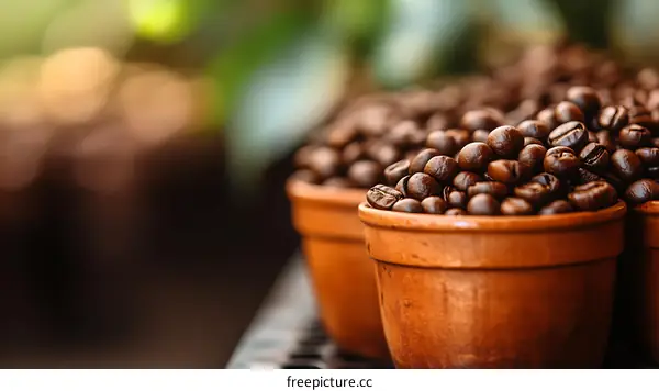 Roasted Coffee Beans in Terracotta Pots