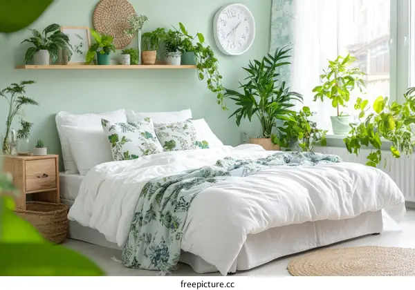 Green Bedroom Decor with Plants and White Bedding