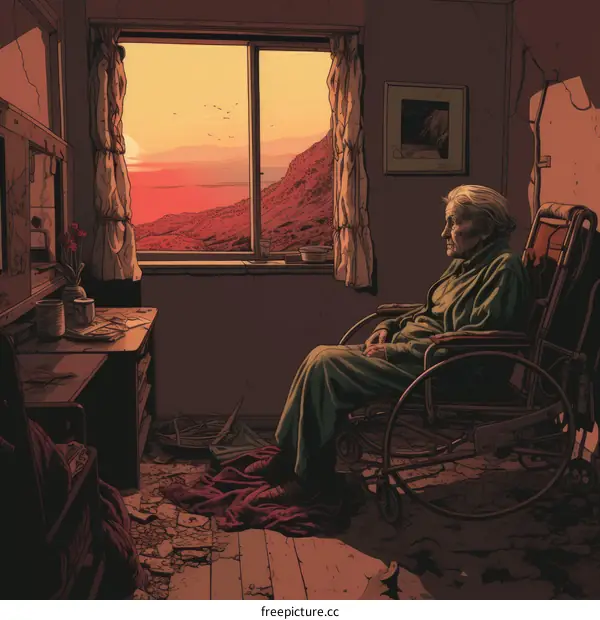 An Elderly Woman Sits in a Wheelchair and Looks Out a Window at the Sunset