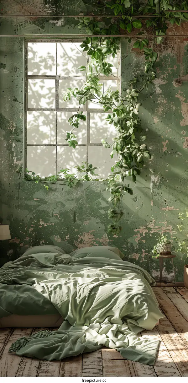 Rustic Green Bedroom with Sunlight and Vines