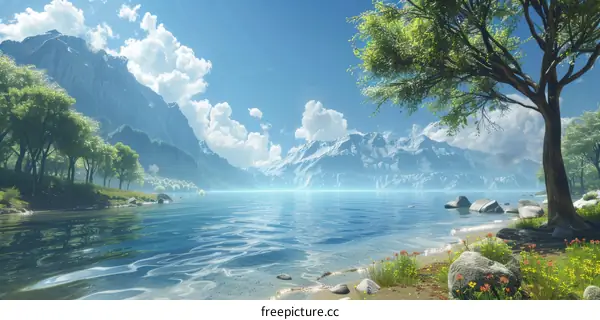 Beautiful Mountain Lake with a Tree and Flowers