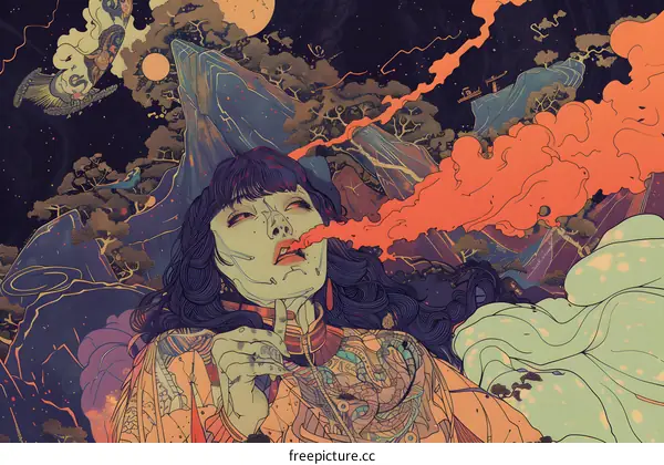 Woman In Traditional Japanese Clothing Smoking