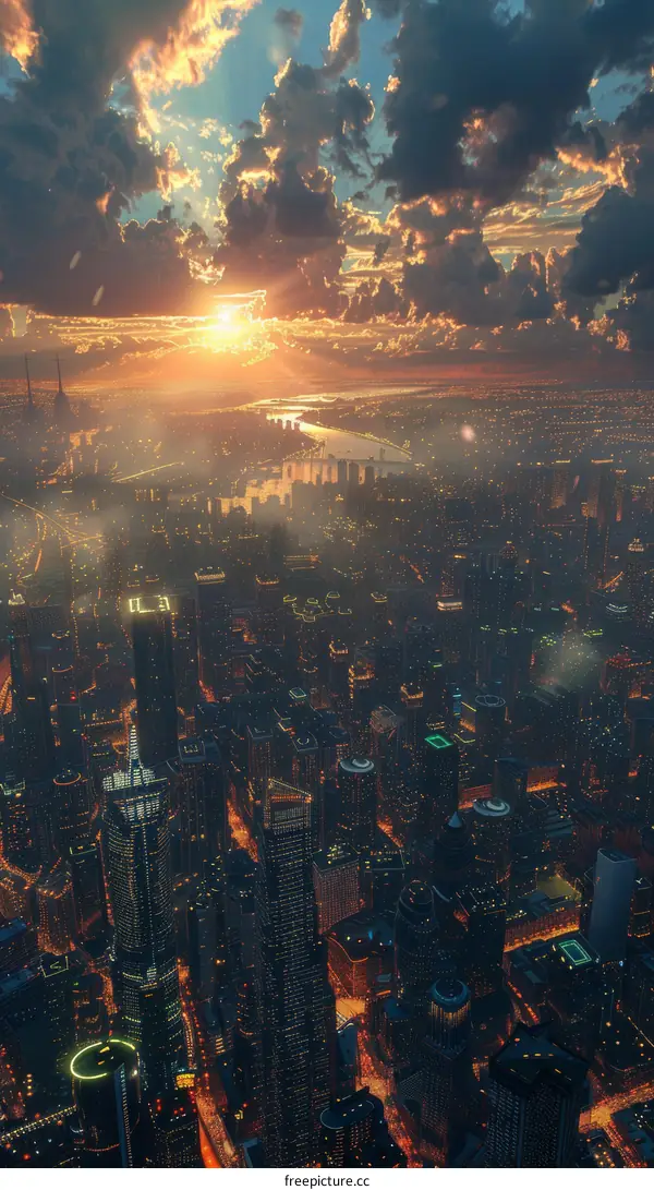 Sunset Cityscape Aerial View Illustration