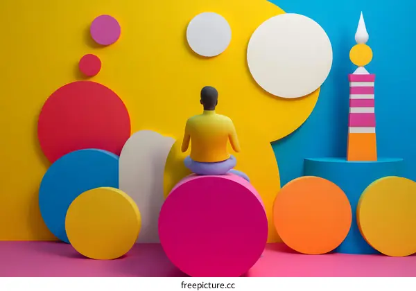 3D Illustration of a Person Sitting on a Pink Circle with Colorful Geometric Shapes in the Background