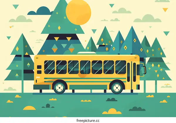 Yellow School Bus Illustration with Forest Landscape