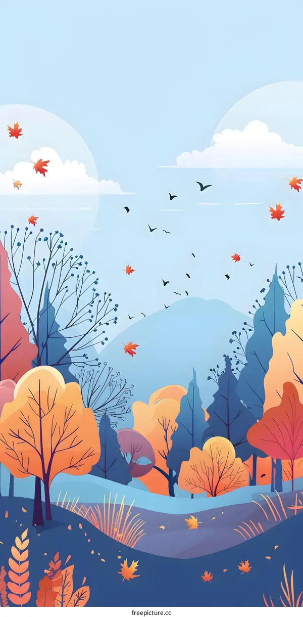Autumn Landscape with Falling Leaves and Birds Flying