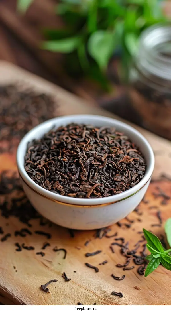 Black Tea Leaves on a Wooden Table