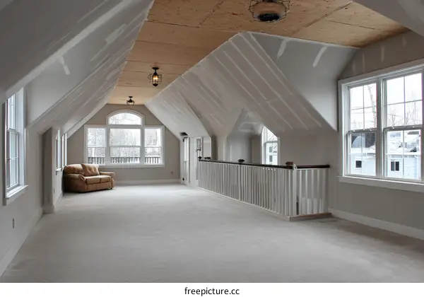 Empty Attic Room Under Construction with Large Windows