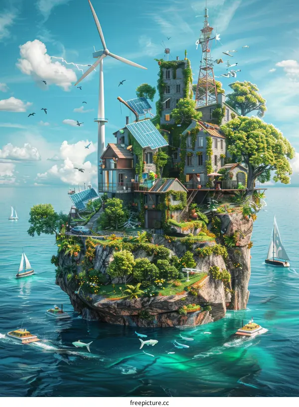 An illustration of a small island with a house, solar panels, and a windmill.