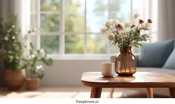 Cozy Living Room Scene with Flowers and Sunlight