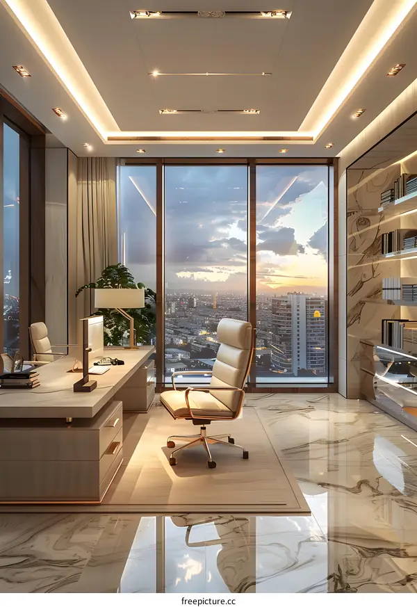 Modern office interior with large windows and a view of the city