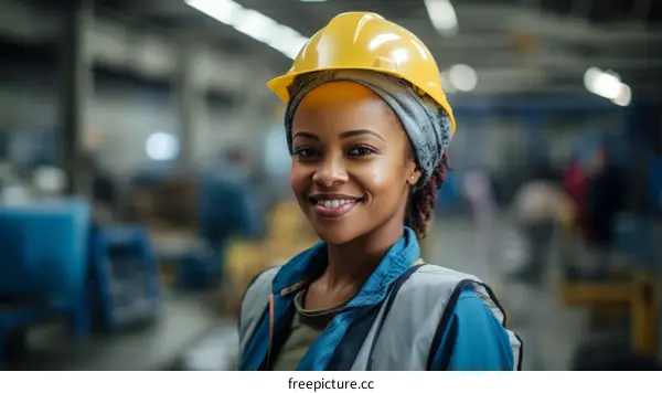 Portrait of a smiling African American woman wearing a hard hat in a factory