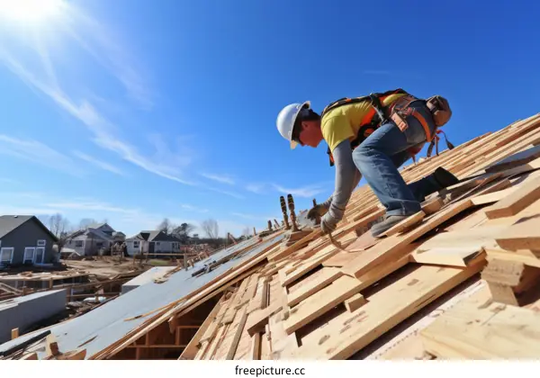 Construction worker installing roof shingles on a new home