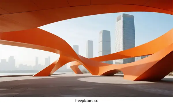 Modern Orange Architectural Structure with Urban Skyline Background