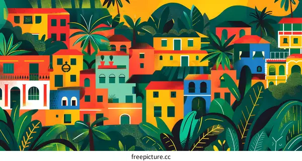 Colorful Illustration of Buildings in the Jungle