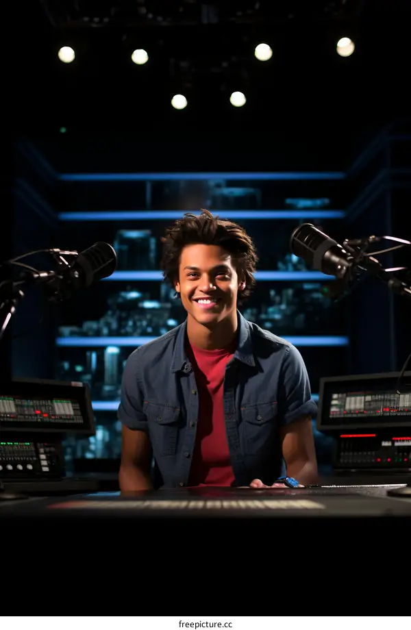 Young male radio host sitting at the broadcast desk and smiling
